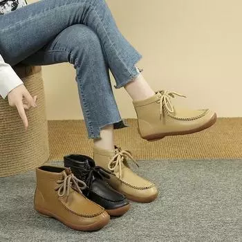 Кожаные ботильоны Короткие уличные на шнуровке Осенние Wallabees Высокие осенние ботинки из цельного зерна Роскошные туфли большого размера Plus 36 чёрный