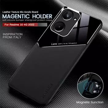 Кожаный автомобильный магнитный чехол-держатель для Realme 10 Pro Plus Realme10 Pro + ProPlus 5G с мягкой рамкой, противоударный чехол Realmi 10 4G for Realme 10 4G чёрный