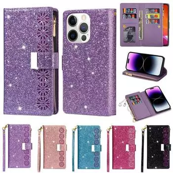 Кожаный чехол-книжка Wallte с лазерным блеском для Iphone 14 Pro Max 13 Pro Max 12 Pro Max 11 Pro Max Se 2022 X Xr Xs Max 8 7 6 6s Plus iPhone 7 небесно-голубой