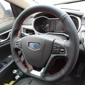 Кожаный чехол на руль для Emgrand GS/GL, Geely Boyue, Binyue, Vision, Borui - сшитый вручную на заказ Real microfiber, perforated on both sides чёрный