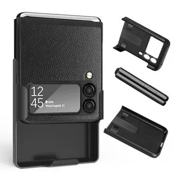 Кожаный чехол премиум-класса с узором личи для Samsung Galaxy Z Flip 4 5g с вращающимся зажимом на задней панели с зажимом для Galaxy Z Flip 3 For Galaxy Z Flip 4 матовый черный