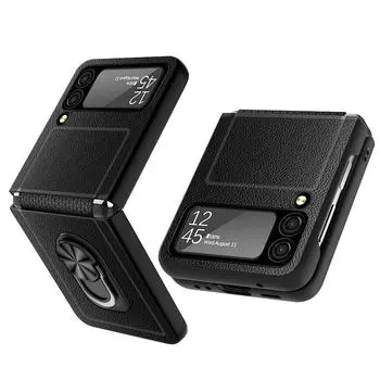 Кожаный чехол с кольцом и защитой от царапин для Samsung Galaxy Z Flip 3 5g Flip3, сумка-подставка для мобильного телефона для Samsung Z Flip 3, чехлы for Galaxy Z Flip 3 розовый