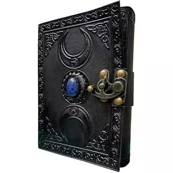 Кожаный черный журнал Triple Moon Goddess A5 | 4 варианта камня | 200 листов | Латунная застежка C | Средневековый | Кожаный дневник богини 7 x 5 in чёрный