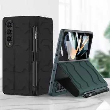Слот для стилуса S Pen, кожаный флип-чехол для Samsung Galaxy Z Fold 5, 5 г, чехол с передним стеклом, полная защита 360 градусов (Нет S Pen ) Case and Film