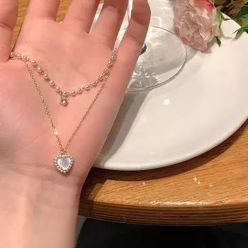 Kpop Pearl Heart Choker Ожерелье Симпатичная двухслойная цепочка с подвеской