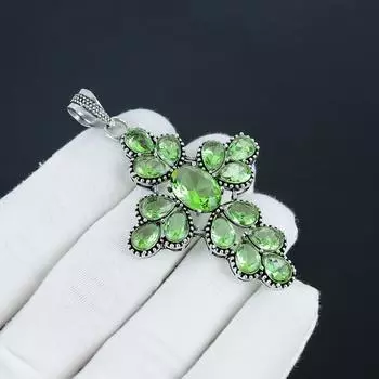 Красивый серебряный крест с драгоценным камнем зеленого аметиста из серебра 925 пробы - дизайн груши ручной работы, повседневная одежда, подарок на вату 2.95 зелёный