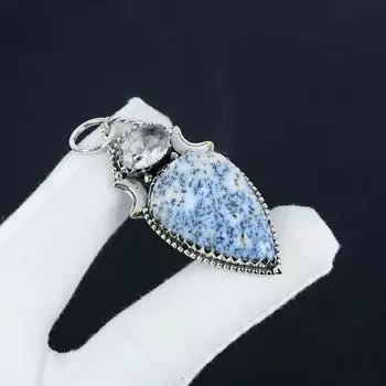 Красивый серебряный кулон с опалом-дендритом и белым топазом из стерлингового серебра 925 пробы — дизайн ручной работы, повседневная одежда, подарок на Пасху Natural синий