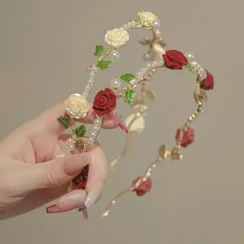 Красная, белая роза, розовая лоза, повязка на голову, цветок, жемчужная тиара, повязки для волос, элегантный обруч для волос с розой, женский