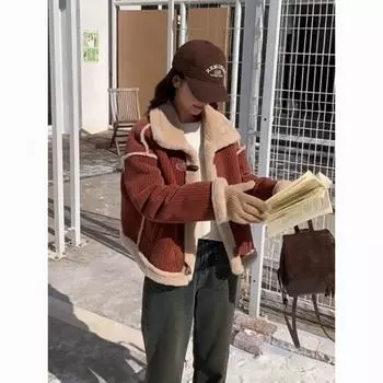 Красное меховое полупальто из овечьей шерсти, зимнее новое бархатное утолщенное теплое вельветовое хлопковое женское пальто 2024 года M recommends 100-56kg