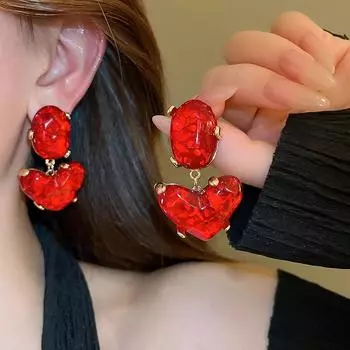 Красные серьги-подвески в форме сердца модные девичьи серьги-сердечки красный
