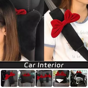 Красный бант для салона автомобиля, подушка для шеи, подголовник, ремень безопасности автомобиля, чехол на плечо, чехол на руль, милые женские украшения для автомобиля