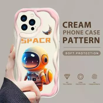 Красочный чехол для телефона с астронавтами для iPhone 15, 14, 13, 12, 11, Samsung Galaxy A52, Xiaomi Redmi 14, 13C, кремовый текстурированный корпус, мягкий чехол с волнистыми краями iPhone 12 Mini белый