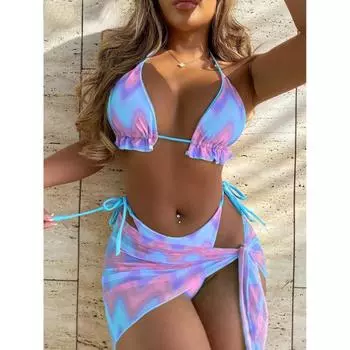 Красочный принт, 3 шт., высокая юбка с завязками, комплект бикини, женский купальник, стринги на шнуровке, купальник, купальный костюм с крестообразным нажатием S
