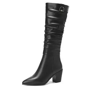 Krazing Pot Cow Leather Autumn Winter Shoes Thick High Heels Big Size 45 Size 44 Pointed Toe Pleated Decoration Women Keep Warm Mid-calf Boots 34 чёрный