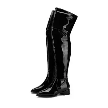 Krazing Pot Cow Skin Autumn Winter Shoes Med Heels Plus Size 45 Stretch Boots Women Keep Warm Over-the-knee Boots 34 чёрный