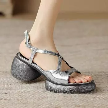 Летние туфли Krazing Pot Cow Skin Peep Toe на толстом высоком каблуке и платформе с пряжкой, водонепроницаемые женские сандалии 34 серебряный