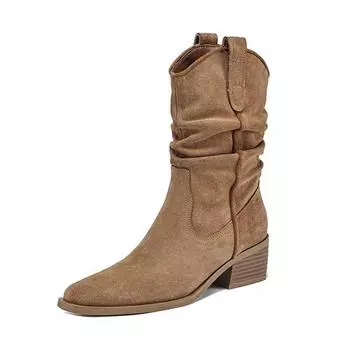 Krazing Pot Nubuck Осенне-зимние туфли на толстом каблуке Ковбойские сапоги в европейском стиле Плиссированные теплые ботильоны 34 чёрный
