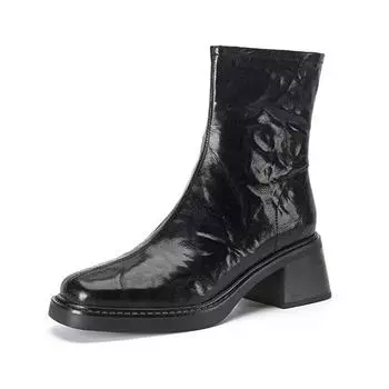 Krazing Pot Sheep Skin Round Toe Зимние толстые высокие каблуки челси ботинки женские молния ретро мода плиссированные украшения ботильоны 34 чёрный