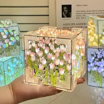 Креативный DIY Тюльпан Цветок Морской Куб Трехмерный Маленький Ночник Материал Упаковка для Подруги Пара Подарок Подруге НОВЫЙ розовый