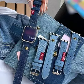 Креативный дизайн, джинсовый кожаный ремешок для часов для iWatch Series 8, 7, 6, 5, 4, 3 SE, браслет для девочек, ремешок для часов Apple Watch, 41 мм, 40, 44, 45