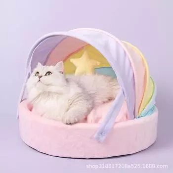 Кровать для кошачьего домика, милая кошачья кровать, радужная палатка, спальный коврик для собак, зимнего теплого кошачьего гнезда для глубокого сна, удобный дышащий кошачий домик
