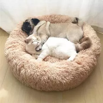 Круглые кровати для кошек, дом, мягкий длинный плюш, лучшая кровать для собак, корзина для собак, товары для домашних животных, подушка, кровать для кошек, коврик для кошек, спальный диван для животных 40CM хаки