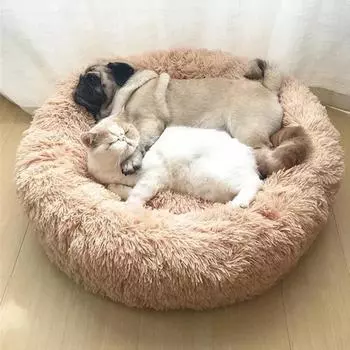 Круглые кровати для кошек, дом, мягкий длинный плюш, лучшая кровать для собак, корзина для собак, товары для домашних животных, подушка, кровать для кошек, коврик для кошек, спальный диван для животных 40CM хаки
