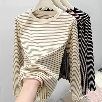 Круглый вырез горловины полосатая женская зимняя одежда Slim Fit женская футболка с длинными рукавами M fits 80-47.5 kg чёрный