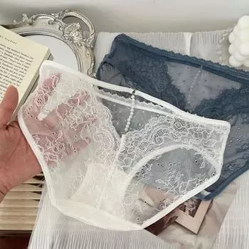 Кружевное нижнее белье для девочек Pure Desire Сексуальные полые трусы из чистого хлопка с треугольными чашечками и жемчугом One Size чёрный