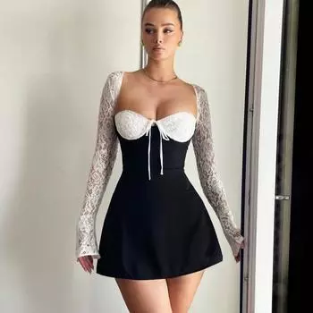 Кружевное сексуальное платье с длинными рукавами и открытой спиной, весеннее женское облегающее платье с мешком на груди и ягодицами S красный