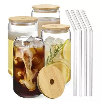 Кружка для кофе Leeseph, стеклянная чашка с крышкой и трубочкой, прозрачная чашка для кофе, чая, молока, сока, холодного питья, барные кухонные принадлежности 450ml