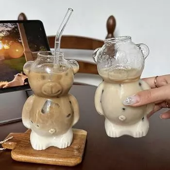 Кружка для кофе в форме мультяшного медведя, симпатичная стеклянная чашка, креативная прозрачная чашка для сока, молока, чая, медведя, кавайные чашки для питья в виде животных, посуда