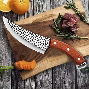 Кухонные ножи, топор для резки мяса, ножи для разделки мяса, ножи для обвалки мяса, поварской нож с деревянной ручкой, кованое вручную лезвие с отверстием для пальца