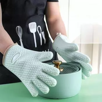 Кухонные перчатки для выпечки в микроволновой печи, изолированные рукавицы с защитой от ожогов, утолщенные изолированные силиконовые перчатки с пятью пальцами розовый