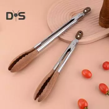 Кухонные щипцы из орехового дерева из нержавеющей стали, зажим для еды с механизмом блокировки, термостойкие щипцы для сервировки салата, для приготовления на гриле A