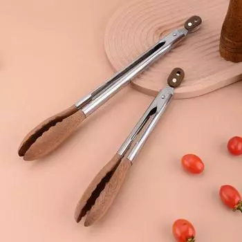 Кухонные щипцы из орехового дерева из нержавеющей стали, зажим для еды с механизмом блокировки, термостойкие щипцы для сервировки салата, для приготовления на гриле A