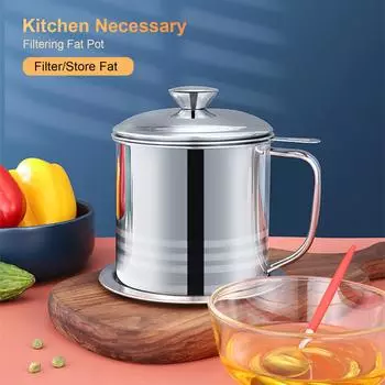 Кухонный масляный горшок из нержавеющей стали, масляный фильтр, бытовой жироотделитель для кулинарного масла с крышкой 410 & 1.3L & Flat Steel Handle