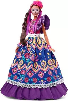 Кукла Barbie Barbie 2022 De Muertos ко Дню мертвых в традиционном платье Calavera Face Paint Da с оборками и цветочной короной, и [Предмет]
