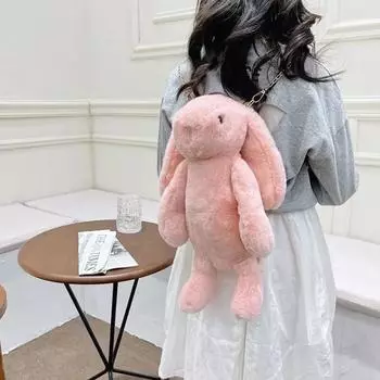 Кукла с длинными ушками кролика, модная сумка из искусственного меха кролика рекс, плюшевый рюкзак с ремешком-цепочкой, детская сумка с цепочкой, сумка через плечо, рюкзак светло-розовый