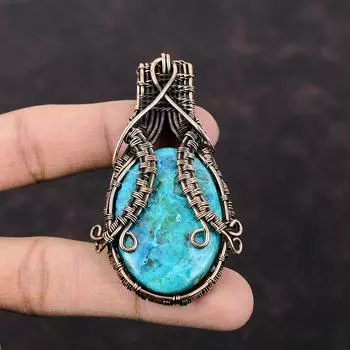 Кулон из хризоколлы с драгоценным камнем, медная проволока, кулон, элегантные медные украшения ручной работы, новый кулон, ювелирное изделие, подарок для мамы