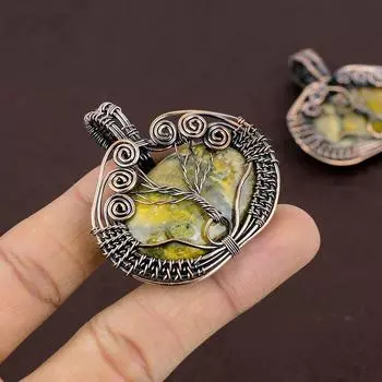 Кулон из медной проволоки с натуральным древом жизни, шмель, яшма, драгоценный камень, 2 дюйма, I4t60