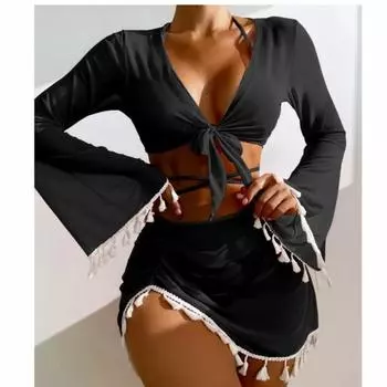 Купальный костюм, женская пляжная одежда, однотонный пляжный костюм с кисточками, сетчатая короткая юбка, бикини, милый наряд для бассейна, весна-лето