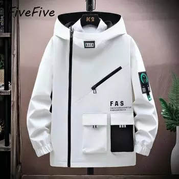 Куртка FiveFive на молнии, мужская куртка-пилот с капюшоном, весенне-осенняя бейсбольная форма, свободный пуловер с передним карманом, пальто S белый
