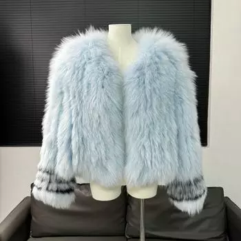 ~ Куртка из лисьего меха, натуральный мех, меховая плетеная модель one size fits all небесно-голубой