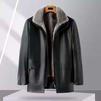 Куртка из натуральной кожи для папы с меховой отделкой из овчины, мужская кожаная куртка средней длины с флисом M