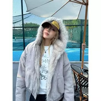 Куртка с капюшоном и меховым воротником в стиле ретро для женщин Y2K Streetwear, зимняя новая бархатная утолщенная теплая свободная повседневная куртка Harajuku M