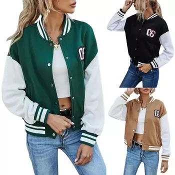 Куртки Bone Letter Patchwork High Street Весенне-осенние бейсбольные пальто Однобортный бомбер XS чёрный