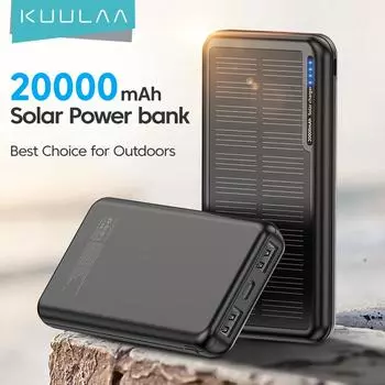 KUULAA Solar Power Bank 20000 мАч, быстрая зарядка, портативный внешний аккумулятор, USB зарядное устройство для телефона для 14, 13, 12, 11 Pro Max, Xiaomi 20000mah чёрный