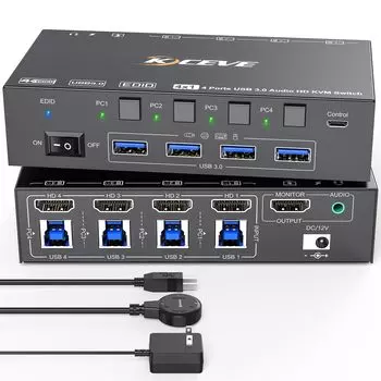 KVM-переключатель 4 компьютера, имитация KVM-переключателя для 4 компьютеров, 1 компьютер с проводным пультом дистанционного управления, питание 12 В, кабель, 8K при 60 Гц, 4K при 120 Гц, EDID, компьютеры с USB3.0,