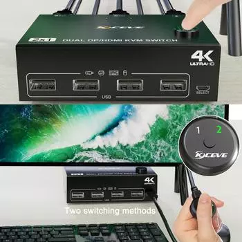 KVM-переключатель, совместимый с двумя мониторами, DPHDMI KVM-переключатель с поддержкой 4K при 60 Гц чёрный